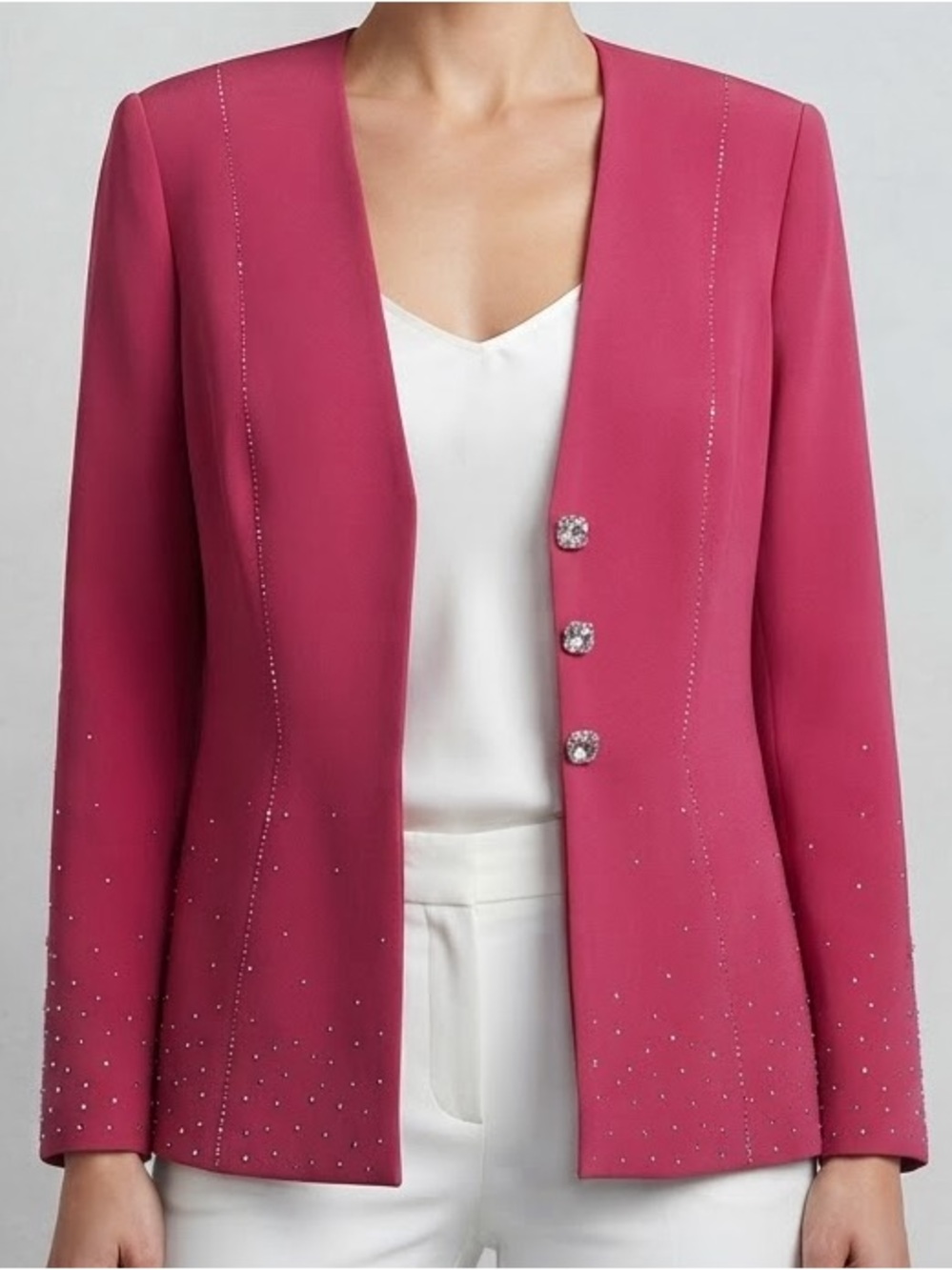 Women's Fuchsia Open-Front Blazer with Crystal Buttons